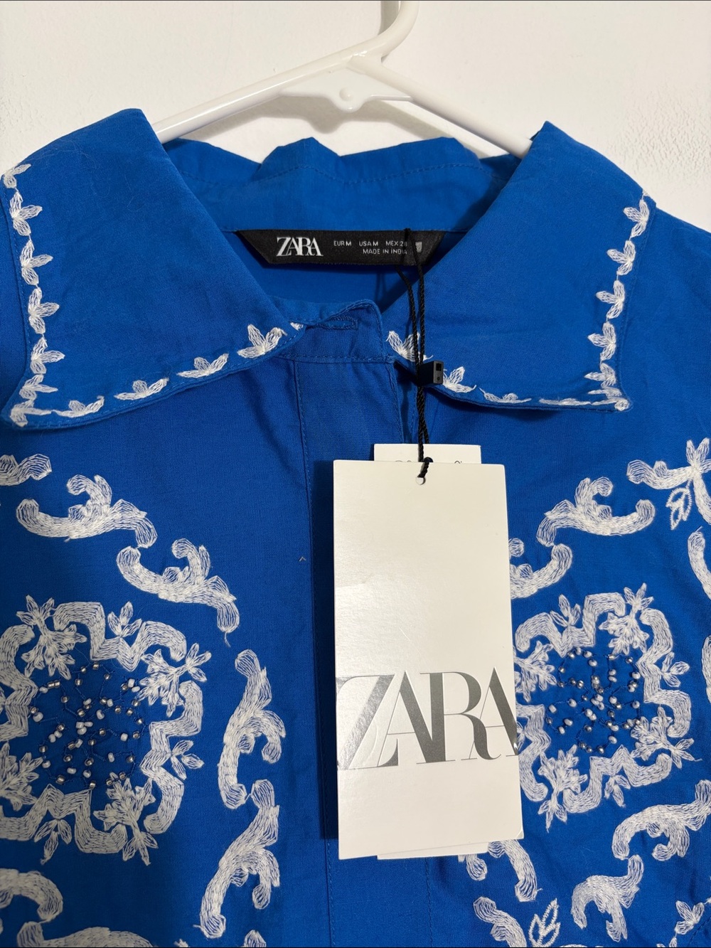 ZARA Bright Blue Embroidered Button-Front Blouse Medium - Picture 2 of 5